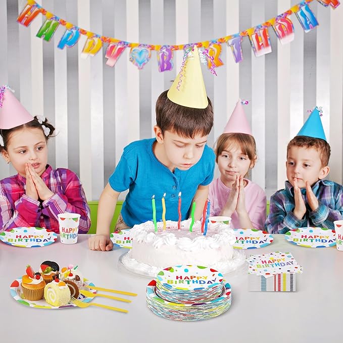 Kochorie 400 Pieces Happy Birthday Party Decorations Including Disposable Paper Plates Cups Napkins Tableware Sets Serves 50 for Birthday Party Supplies