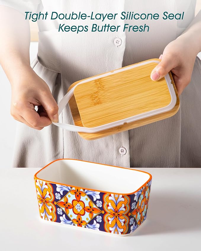 vancasso SIMI Butter Dish with Lid, 6.5" Large Butter Dish for Countertop, Bohemian Ceramic Butter Keeper Container with Knife and Bamboo Lid, Butter Holder for Counter, Amber Elegance
