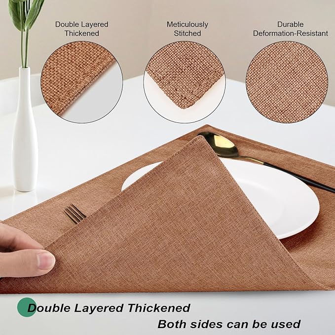 Cloth Placemats Set of 6, Cotton Linen Blend Machine Washable Double Layered Place Mats, Heat Resistant Placemats Wrinkle Free Thick Fabric Dining Table Mats for Indoors & Outdoors (Flaxen, 6)