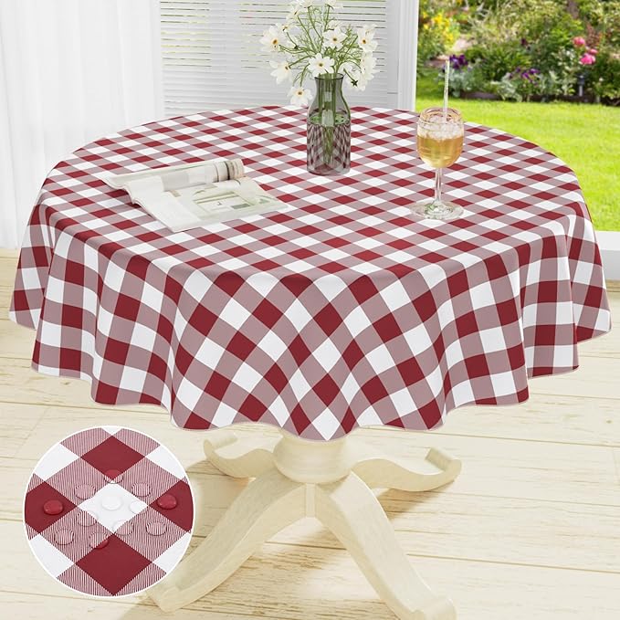 misaya Round Waterproof Vinyl Table Cloth, Buffalo Flannel Backed Tablecloth, Wipeable Plastic Table Cover for Valentine's Day, Dinner, Kitchen, Outdoor (60", Burgundy and White)