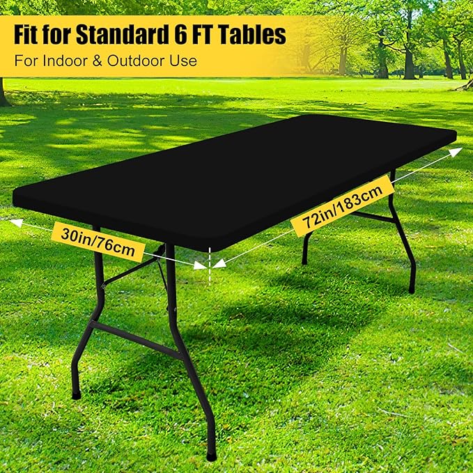 Smiry Rectangle Table Cloth, Waterproof Elastic Fitted Tablecloths for 6 Foot Tables, Washable Polyester Table Cover for Picnic, Camping, Outdoor (Black, 30"x72")