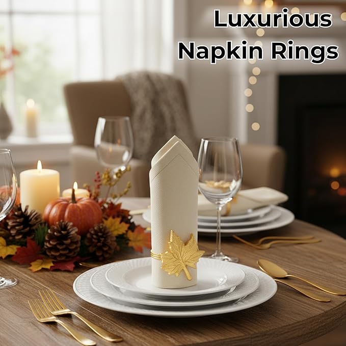 CLEENTABLE Maple Leaf Napkin Rings - Set of 12 Handcrafted Aluminum Napkin Holders for Cloth & Paper Napkins, Elegant Table Décor for Wedding Receptions Thanksgiving Christmas Holiday Parties (Gold)