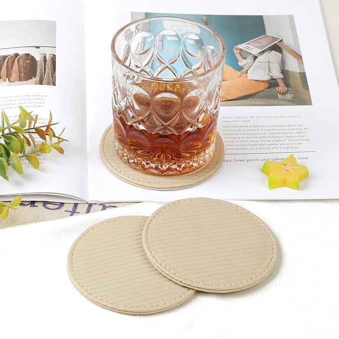 6 Pcs Premium Leather Coasters with Holder, Tabletop Protection, Coffee Table & Bar Decoration, Modern-Style Drink Coasters Suitable for Home Dining Tables & Kitchen Accessories (Beige Stripe)