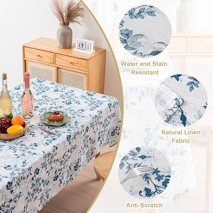 H.VERSAILTEX Linen Table Cloths Floral Printed Tablecloth Spill-Proof Waterproof Table Cover for Dining Buffet Feature Soft and Thick Fabric Wrinkle Free, 60 x 120 Inch, Retro Floral - Stone Blue