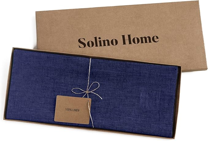 Solino Home Linen Short Table Runner 36 Inches - Athena, 100% Pure Linen Chambray Navy Table Runner 14 x 36 Inch Ideal for Dresser and Coffee Tables - Winter, Spring