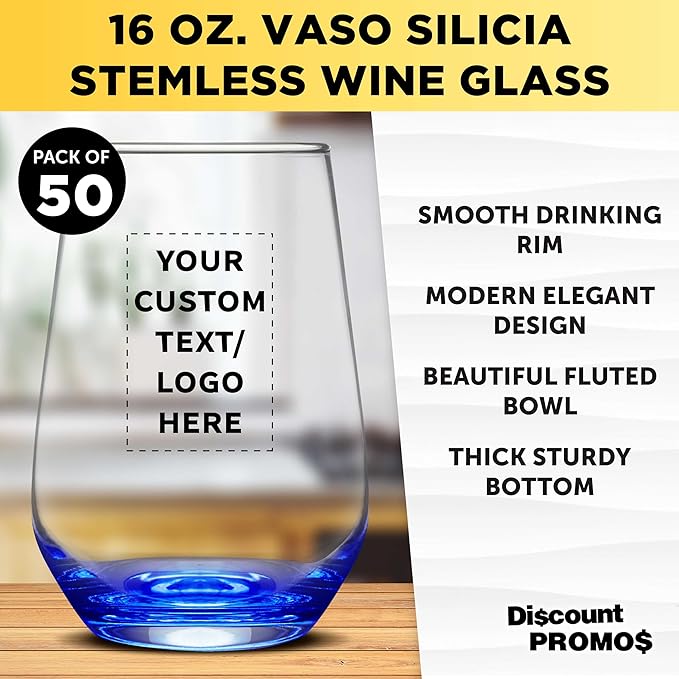 DISCOUNT PROMOS 50 Vaso Silicia Stemless Wine Glasses Set, 16 oz. - Personalized Text, Logo - Clear, Orb-Like, Thick base - Blue