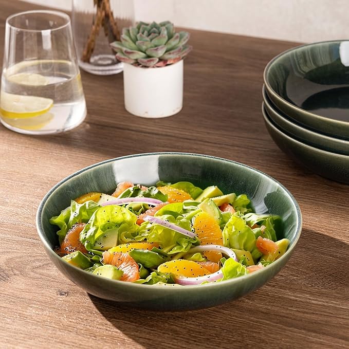 AmorArc 8.5'' Large Ceramic Pasta Bowls, 36oz Stoneware Pasta Serving Bowls Set of 4 for Kitchen, Wide Bowls for Pasta,Salad,Oatmeal, Microwave Safe, Reactive Glaze-Earth Green