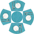 SHACOS Small Round Table Placemats Set of 5 Woven Vinyl Wedge Placemats with Centerpiece Round Table Mats Heat Resistant Wipe Clean (5, Teal Blue)