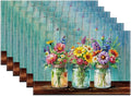 Rustic Flower Placemats Set of 6, Spring Flower Vase Linen Place Mat Washable Stain Resistant Table Mats for Farmhouse Kitchen Party Wedding 12x18 Inch