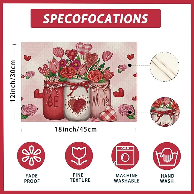 XCHI Roses Flowers Love Hearts Vase Valentine’s Day Placemats Set of 4 Table Mats for Party Home Kitchen Dining Table Decorations 12x18 Inch