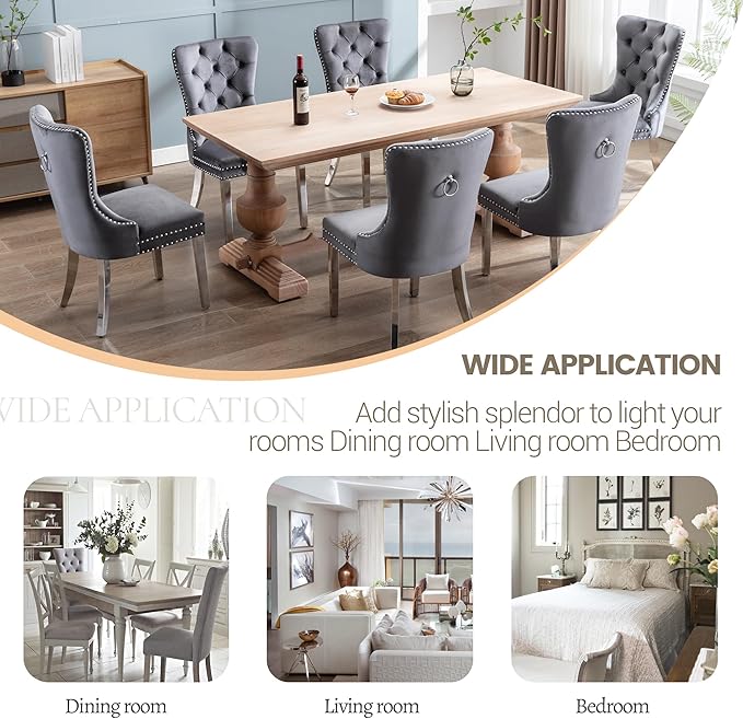 KCC Velvet Dining Chairs Set of 6, Upholstered High-end Tufted Dining Chair with Nailhead Back Ring Pull Trim Stainless Steel Legs, Contemporary Nikki Collection Modern Style for Kitchen, Dark Gray
