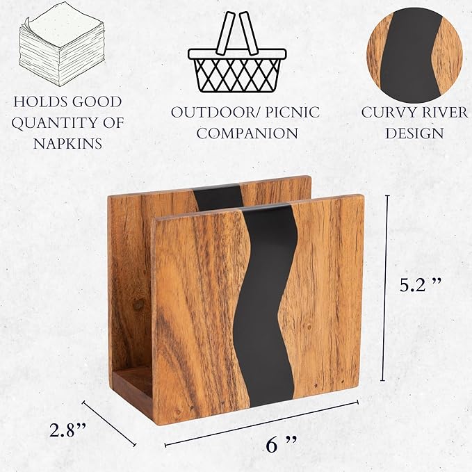 Acacia wood & Transparent Epoxy resin Napkin holder for table, Rustic farmhouse napkin organisation for kitchen, dining, counter tops, restaurant or outdoors | 6x5x2.5 inches|(Black)