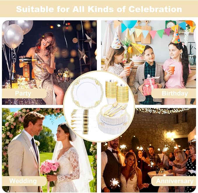 Ciaell 350 PCS Gold Plastic Plates - White and Gold Plates - Gold Disposable Plates Include 50 Disposable Plate, 150 Heavy Duty Silverware, 50 Cups, 50 Napkins for Wedding & Party