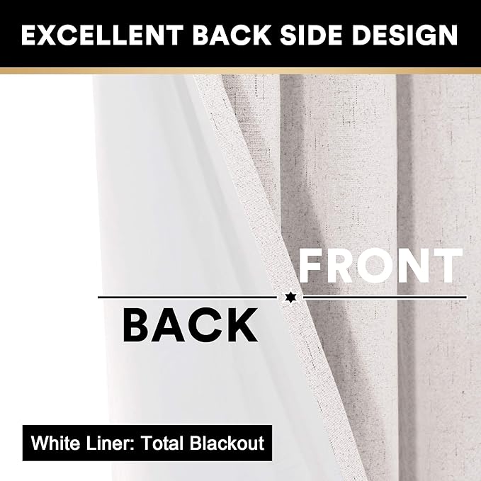 PrinceDeco 100% Blackout Curtains for Sliding Doors Blackout Curtains 84 Inches Long Thermal Insulated Linen with White Backing Sound Proof Energy Efficient for Bedroom,W100 X L84 Inch, Ivory