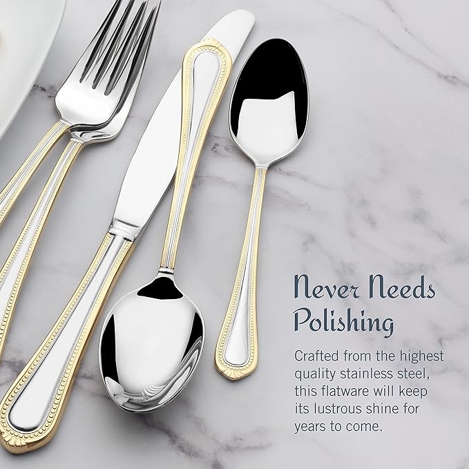 Mikasa, Gold Accent Regent Bead Flatware Service for 12, 65 Piece Set, 18/10 Stainless Steel, Silverware Set with Serving Utensils (Pack of 2)