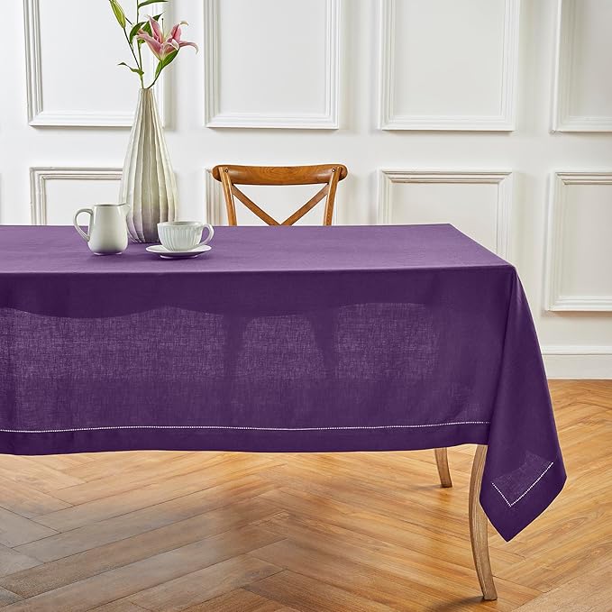Solino Home Linen Tablecloth for Rectangle Tables 60 x 120 Inch - Classic Hemstitch 100% Pure Linen Purple Table Cloth - Machine Washable Cloth Tablecloth for Valentines, Spring, Easter