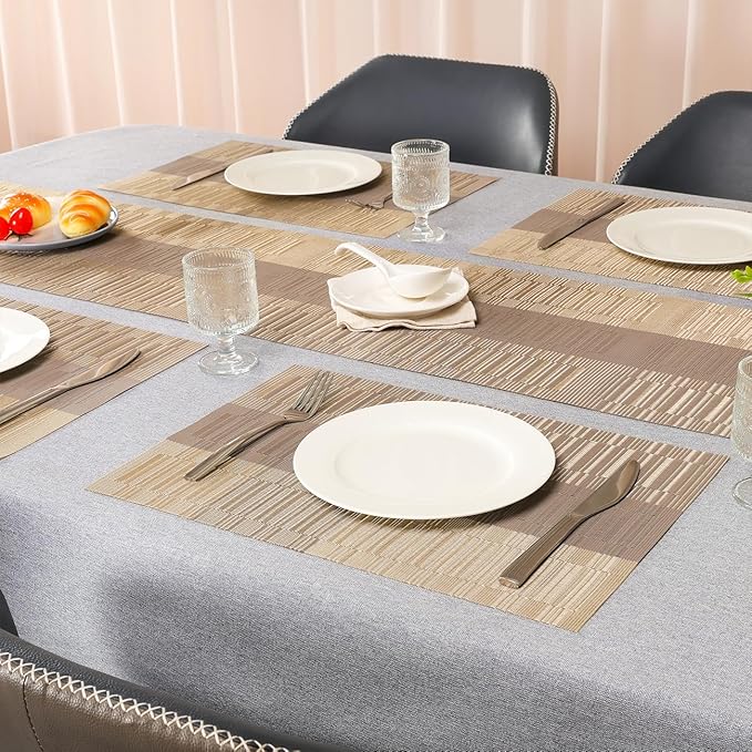 Placemats Set of 4, Vinyl Woven Place Mats Indoor Set of 4 Washable Wipeable PVC Table Mats Heat-Resistant Non Slip Plastic Placemat for Kitchen Dining Outdoor Table (Gray Gold, Set of 4)