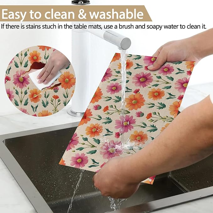 Herbs and Wild Flowers Spring Placemats, Seasonal Summer Placemats 12x18 Inch Waterproof Non-Slip Washable Table Mats for Kitchen Dining Party Table Decor,Set of 6