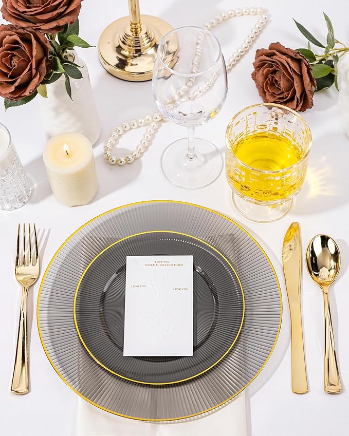 Hioasis 60pcs Black and Gold Plastic Plates - Black Disposable Dinnerware Set, 30pcs Dinner 10.25in & 30pcs Dessert 7.5in Plates with Striped Designs for Party & Wedding