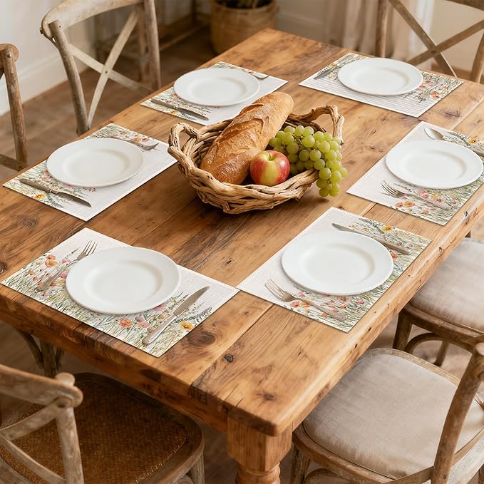 Placemats, Wild Flowers Herbs Botanical Placemats 12x18 Inch Waterproof Non-Slip Washable Table Mats for Kitchen Dining Party Table Decor,Set of 6