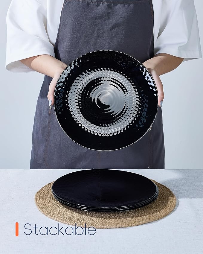 10.5 inch Dinner Plate Set of 6, Round Opal Glass Black Geometric Faceted Dinnerware Plates, Dishwasher and Microwave Safe