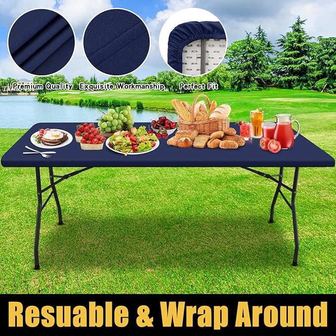 Smiry Rectangle Picnic Table Cloth, Waterproof Elastic Fitted Tablecloths for 8 Foot Tables, Washable Polyester Table Cover for Camping, Indoor and Outdoor (Navy, 36"x96")