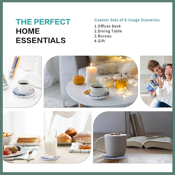 Round Coasters, Crystal Blue Ceramic Marble, 6 Pcs for Drinks, Non-Slip for Desk & Room Decor (4 Inches)