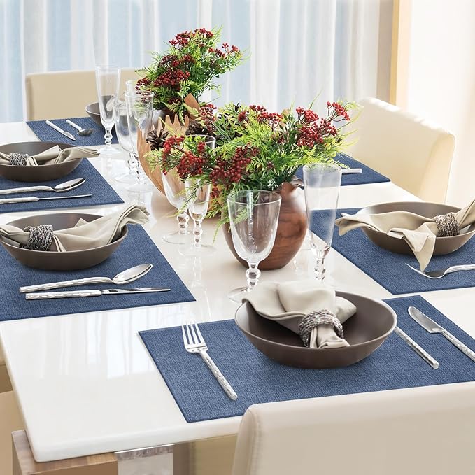 Faux Leather Placemats Set of 6 Washable PU Table mats for Kitchen Table - Heat Resistant, Waterproof, Easy Clean, Anti Slip 11.8" x 17" (Dark Blue-6 Pack)