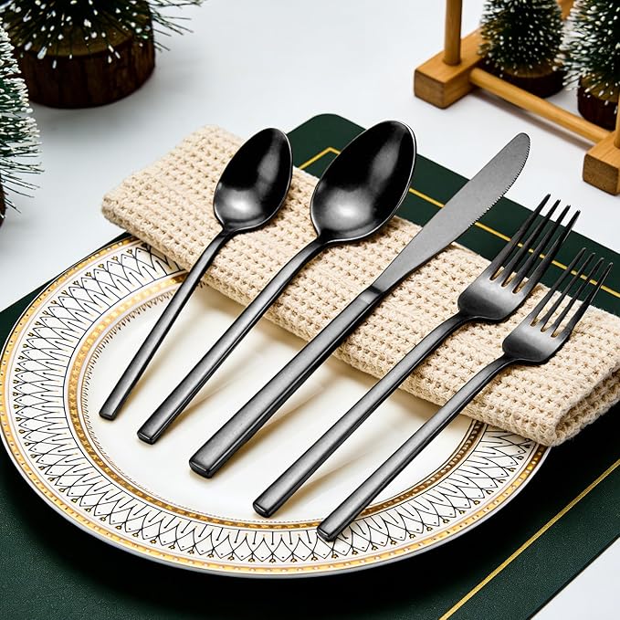 20pcs Matte Black Silverware Set, Cuboid Flatware Set Service for 4, Stainless Steel Cutlery Set, Dishwasher Safe