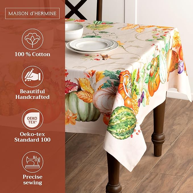 Maison d' Hermine Table Cloth Rectangle Table 100% Cotton 70 x 90 Inches Fall Tablecloth Reusable Everyday Use for Thanksgiving Christmas Decorations Dining Farmhouse Party (Lumina)