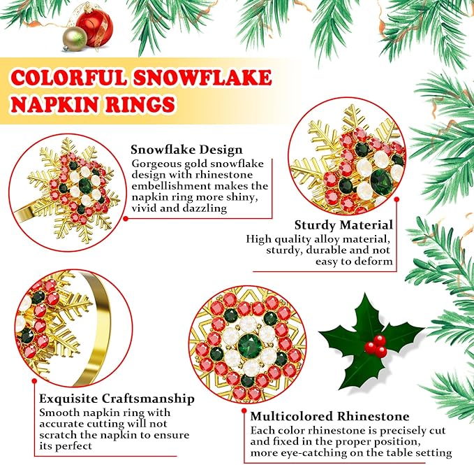 ZeeDix Christmas Colorful Snowflake Napkin Rings Set of 6, Napkins Ring for Dinning Table - Rustic Dinner Tables Decoration for Wedding Receptions Christmas Thanksgiving Holiday Party Dinner Parties
