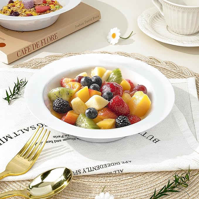 BESTVIP 100 Pack 12 oz White Plastic Bowls, Disposable Soup Bowls, Heavy-duty Dessert Salad Bowl for Christmas, Party, Wedding, Dinner, Catering