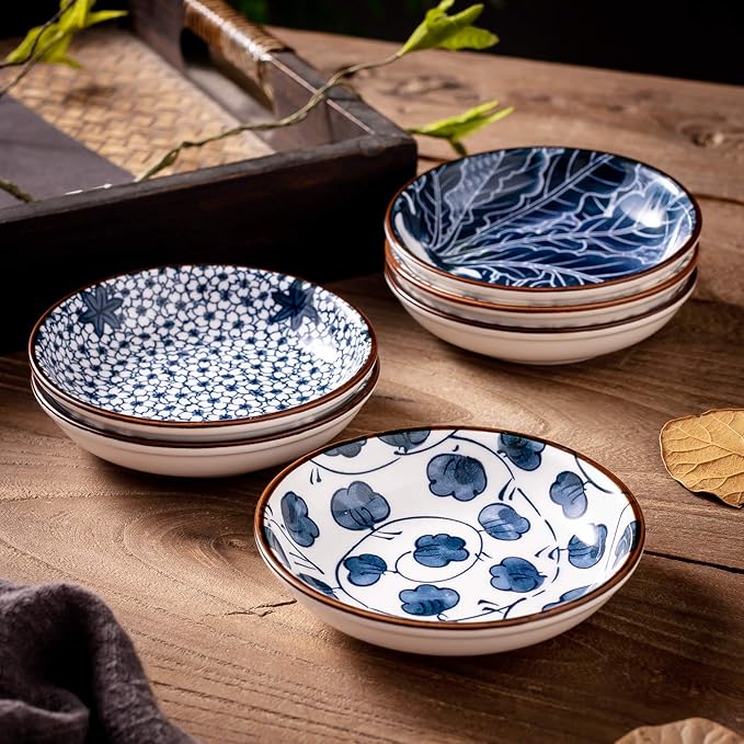 Japanese Style Ceramic Dipping Bowls,4'' Side Dishes Soy Sauce Dish for Sushi Dip,Snack,3 Oz Small Blue and White Pinch Bowl for Kitchen Prep - Set of 6 (4 inch)