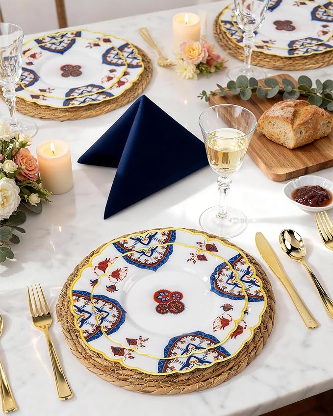 Morejoy 60pcs Plastic Disposable Plates Set - White Plastic Plates Featuring Classic Blue and Russet Floral Design With Gradient Gold Rim, 10.25 Dinner & 7.5 Dessert Plates for Wedding & Party