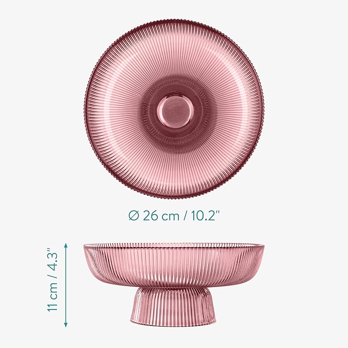 Navaris Decorative Fluted Coloured Glass Bowl - Fruit Snacks Sweets Centerpiece Dish - 26cm Diameter - Red Tinted