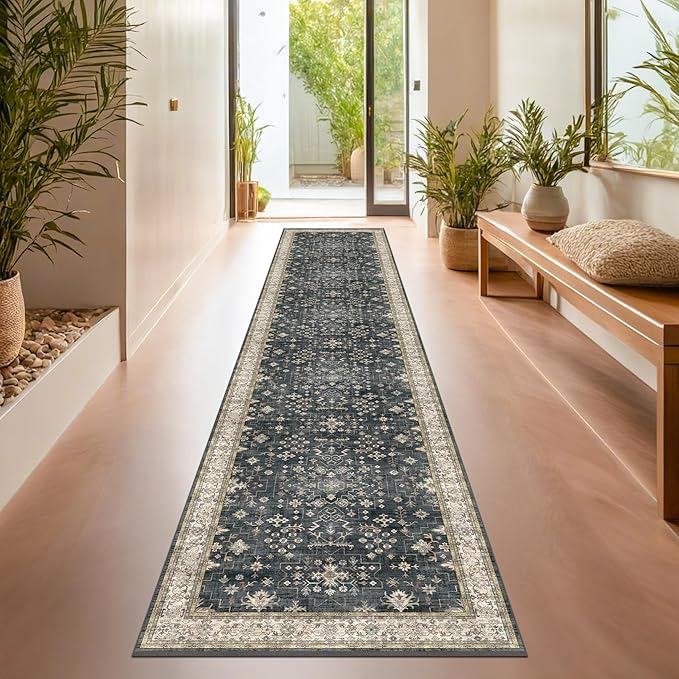 Black Boho Washable 3x20 Extra Long Runner Rug for Hallway, Waterproof Large Kitchen Floor Rug, Non-Slip Stain & Fade Resistant, Vintage Floral Decor