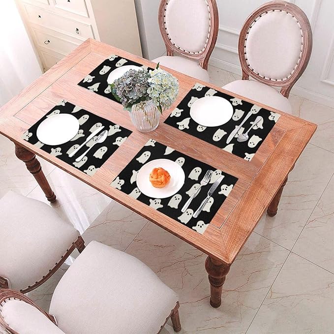 Halloween Placemats 12x18 Inches Set of 4,Black Beige Ghost Decorative Rectangle Autumn Halloween Decoration Black Ghost Table Mats for Party,Home Kitchen,Dining Table Decor