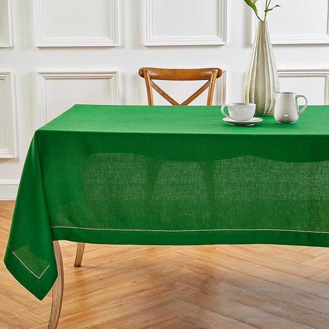 Solino Home Linen Tablecloth 52 x 52 Inch - 100% Pure Linen Garden Green Square Tablecloth - Classic Hemstitch, Machine Washable Table Throw for Winter, St Patricks Day, Easter