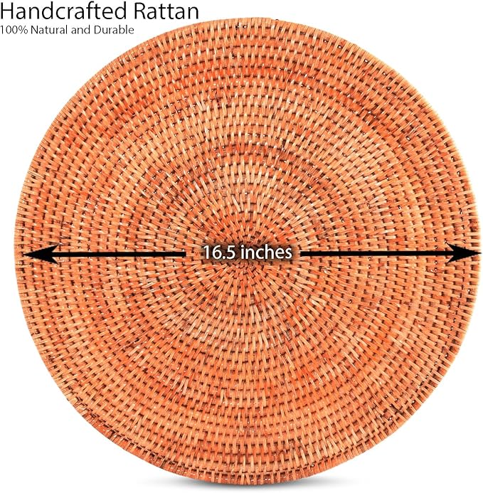 Vagabond House Handmade Rattan Chargers - Set of 4 Large, Durable, Natural Woven Wicker Rattan Placemats for Dinner Plates with Pewter Anchor - Perfect for Beach Home, Ocean and Coastal Themes