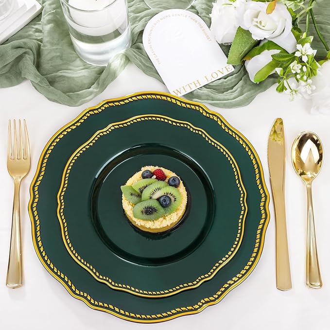 Hioasis 60pcs Green Plastic Plates - Green and Gold Disposable Dinnerware with Gold Rim, Heavy-duty, 7.5 inch, Dessert Plates for Party & St. Patrick's Day