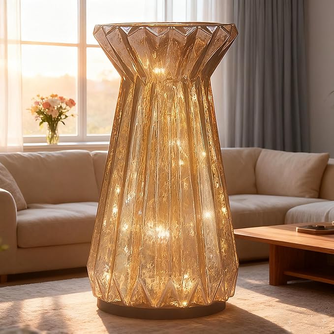Home Decor, Mercury Glass Pillar Candle Pedestal Holders with led Lights, Lighted up Candle Holder for Pillar Candle, Glass Candlestick Holders with Timer for Wedding Dining Table Xmas (Rosegold)
