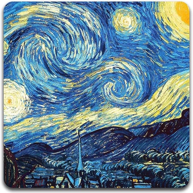 Van Gogh Style Watercolor Painting Square Coaster Set - Made of Recycled Rubber - Set of 4