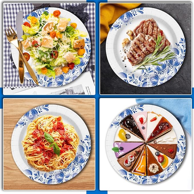 Charmount 10 Inch Large Blue Paper Plates, 100pcs Disposable Plates Bulk, for Parties and Daily Use, Soak Proof, Cut Proof, Flower Printed