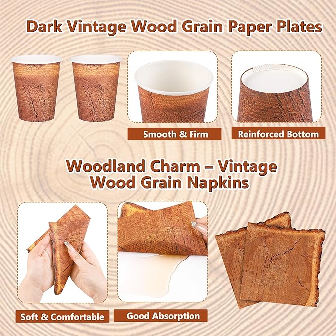 Kochorie 96 Pieces Wood Grain Slice Tableware Sets Rustic Wood Party Supplies Including Paper Plates, Napkins, Cups, Serves 24 for Camping Birthday Hunting Forest Party Decorations