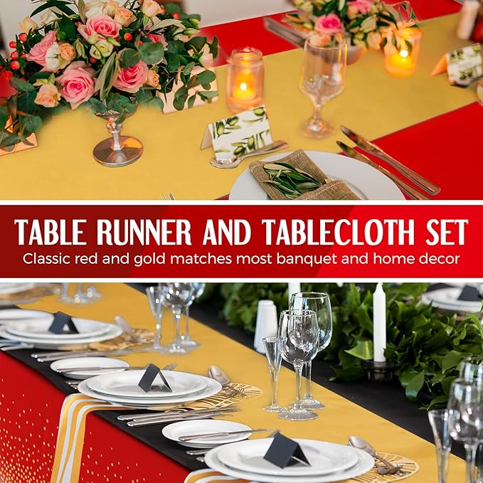 Breling 8 Pack Red and Gold Disposable Plastic Tablecloths and Satin Table Runner Set, 54 x 108 Inch Tablecloth, 12 x 108 Inch Table Runners for Wedding Graduation Birthday Baby Shower New Year
