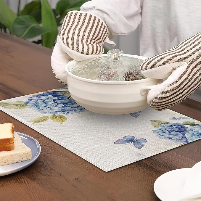 6 Pcs Placemats,Blue Hydrangea Placemat,Butterfly Floral Table Mats Washable Recyclable Table Placemats for Indoor Outdoor Heat Resistant Kitchen Dining 12"x18"