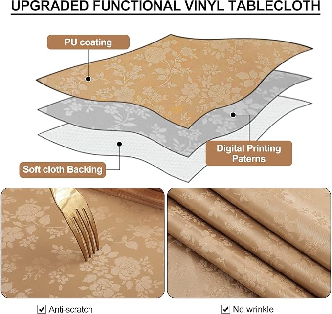 Smiry Round Table Cloth, Waterproof Heavy Duty Vinyl Tablecloths, Wipeable Washable Table Cover for Kitchen and Dining Room (Brown, 70" Round)