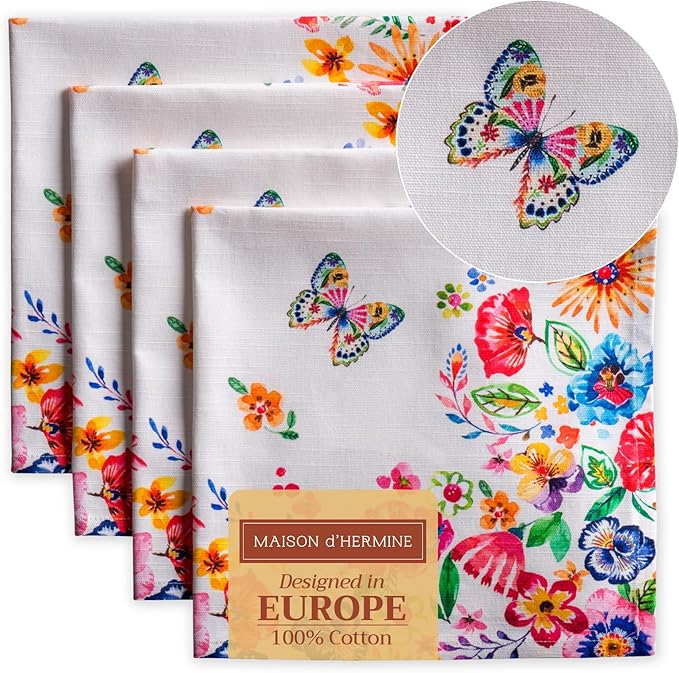 Maison d' Hermine Cloth Napkins Set of 4 100% Cotton Everyday Reusable Square Napkins Cloth Washable Dinner Wedding Valentines Day Decorations Spring/Summer (Happy Florals - High Summer, 20" x 20")