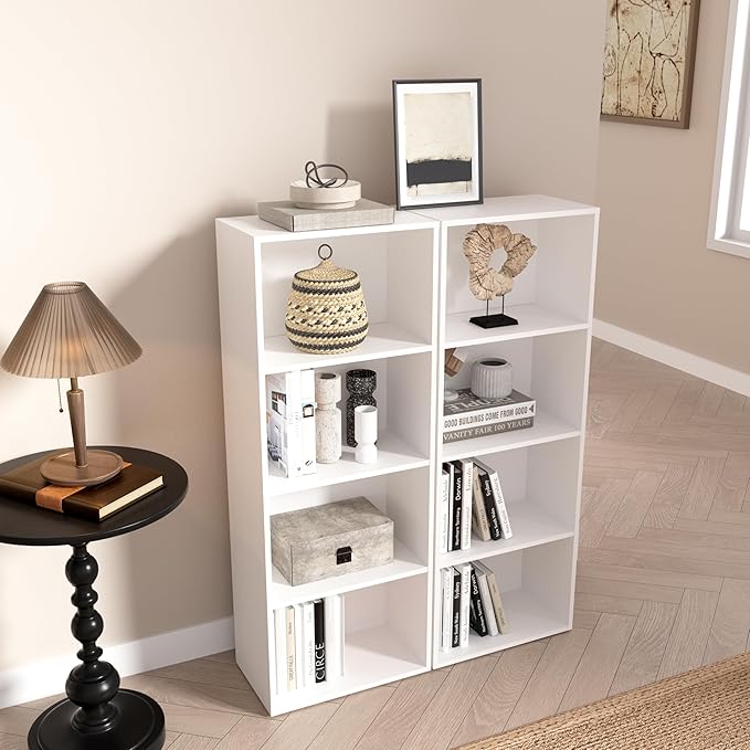 Wooden 4 Cube Storage Organizer, 4 Tier Tall Modern Bookshelf Freestanding Storage Display Organizer, Versatile Cubes Shelf and Cubby Unit for Living Room, Bedroom, Home Office 15.7inch