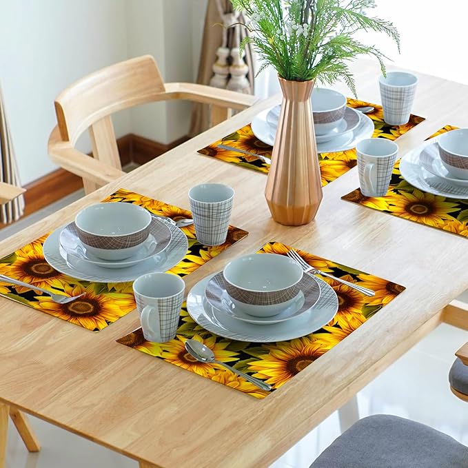 Sunflower Placemats Set of 4 - Yellow Flowers Place Mats Rectangle Spring Summer Floral Table Mats Botanical Blossom Placemats Dinner Party Decor 12x18 inch